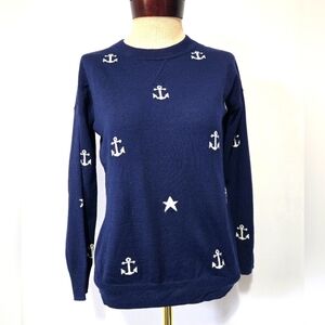 J. Crew 100% Merino Wool Nautical Navy Sweater with Anchor And Star Design. XXS